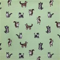 Cotton Rich Popart Panama Canvas Shabby Cats Green Fabric 0.5m